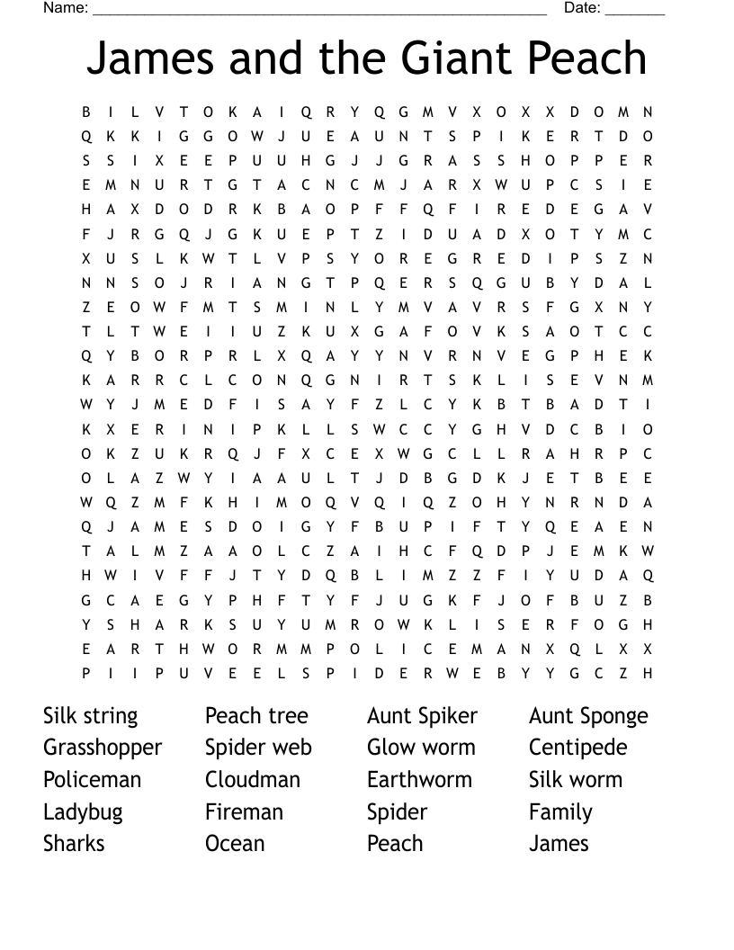 James And The Giant Peach Word Search WordMint James And The Giant Peach Novel Study Comprehension And Vocabulary With Activities And Tests Made By Teachers