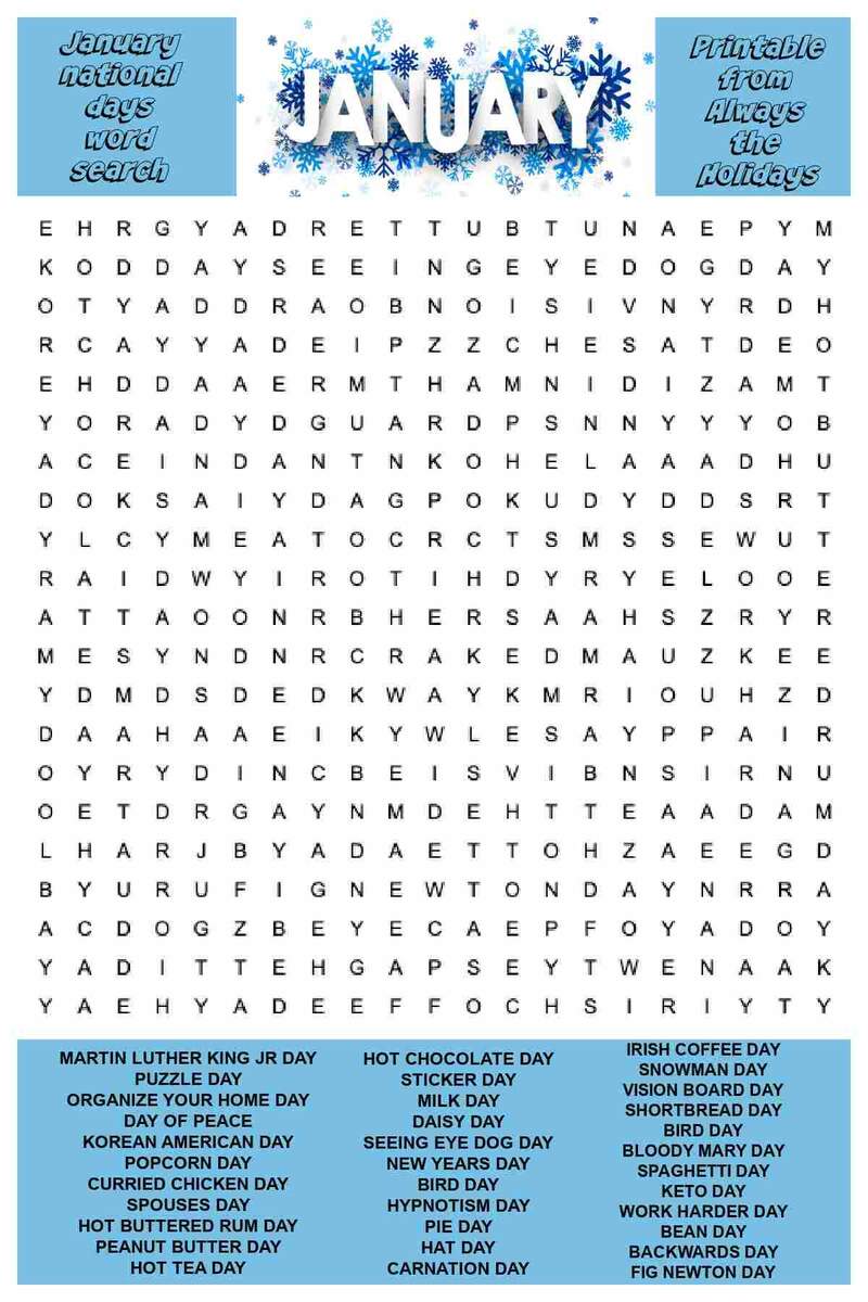 January Word Search Printable National Day Word Find Puzzle January 2023 Calendar Free Printable Free Printables Lettering SVG Files Tools Apps