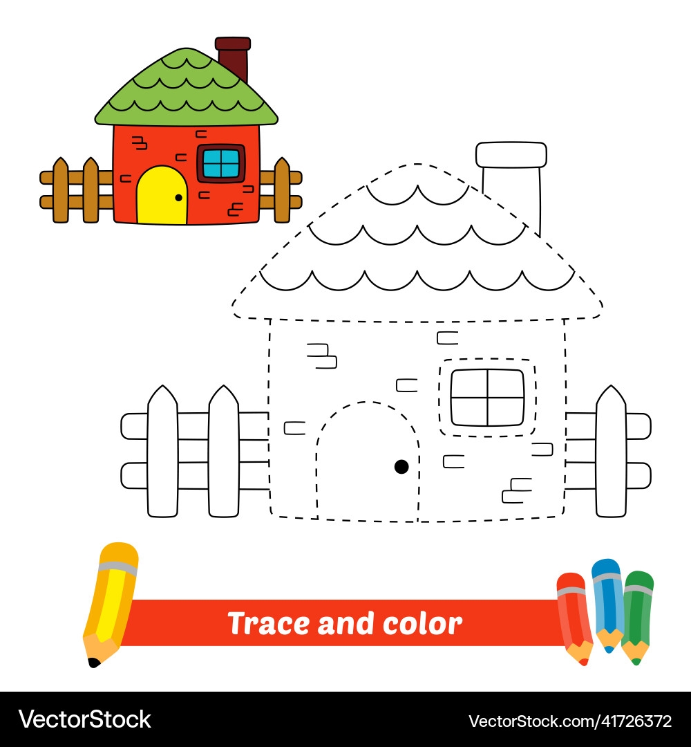 Kids Trace Color House Worksheet Royalty Free Vector VectorStock