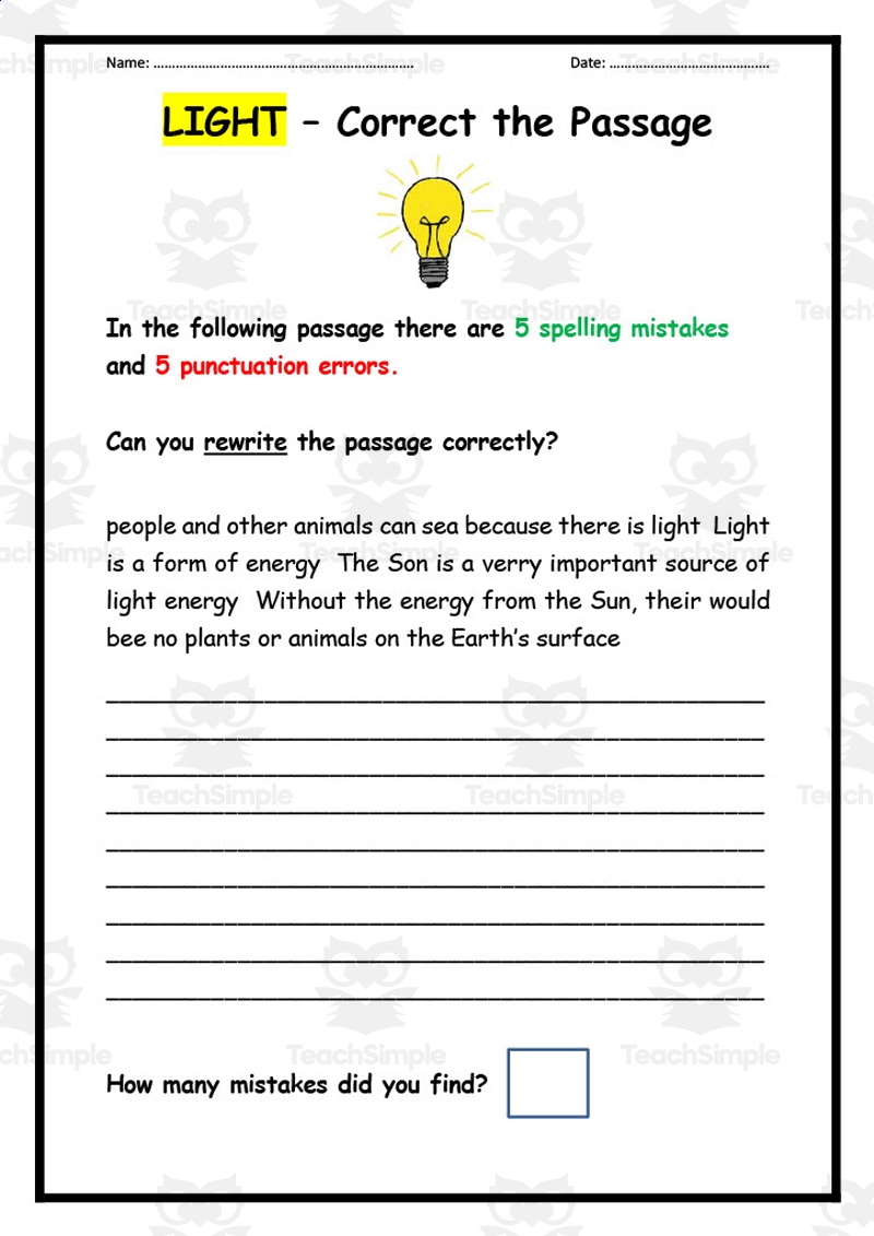 Light Correct The Passage Worksheet By Teach Simple Error Correction Worksheet Generator