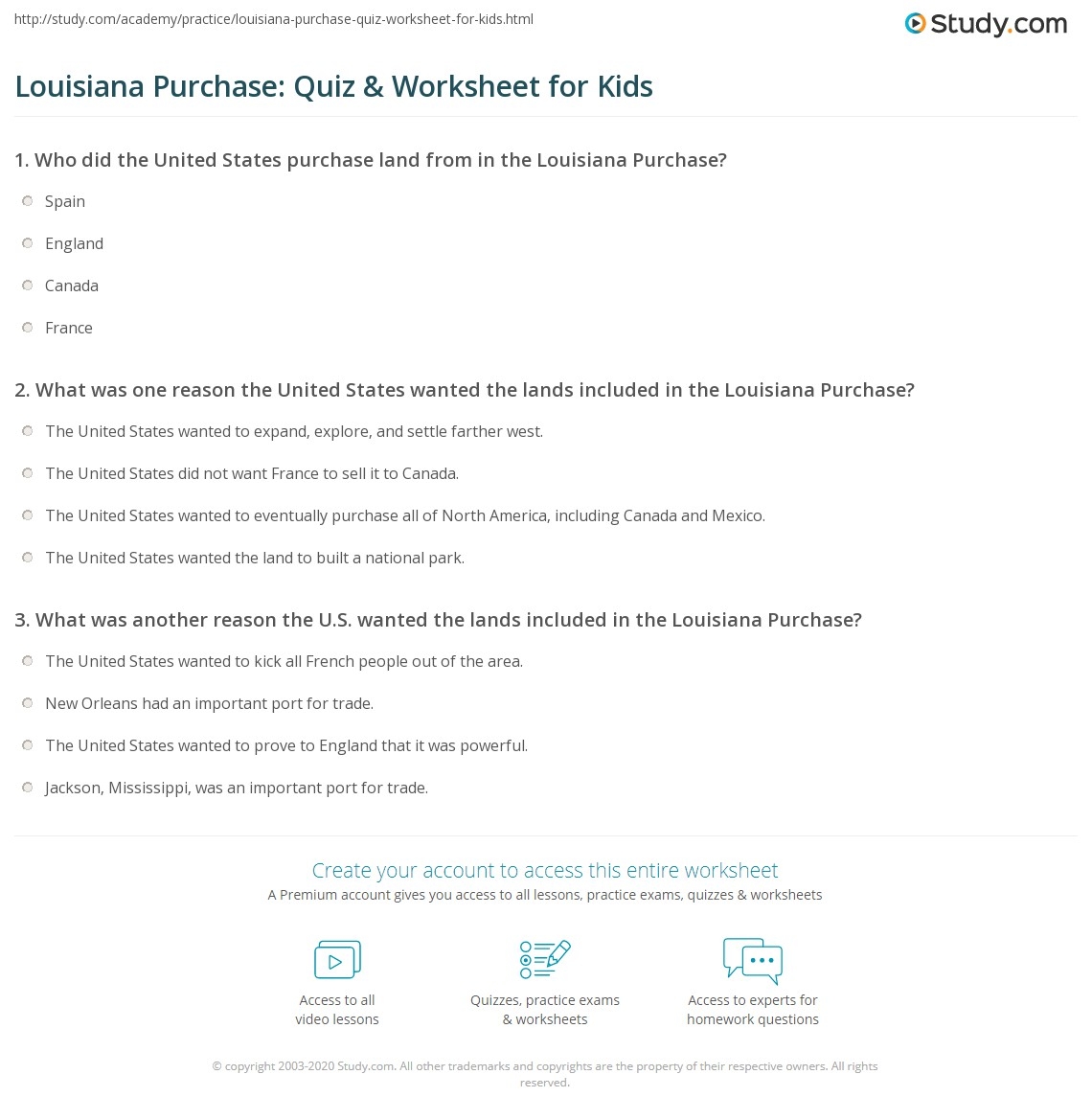 Louisiana Purchase Quiz Worksheet For Kids Study