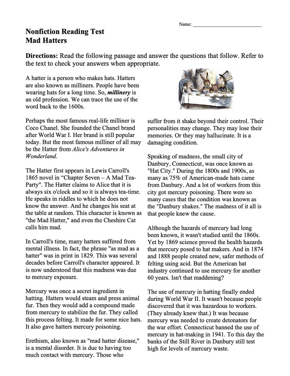 Mad Hatters Nonfiction Reading Activity Mad Hatters Nonfiction Reading Activity