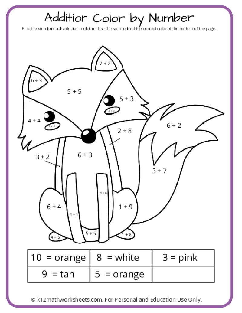 Math Coloring Pages Printable PDFs By K12mathworksheets Addition Coloring B PDF Printable Addition Worksheets Cazoom Math