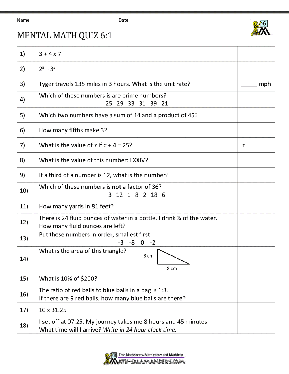 Mental Math 6th Grade Mental Math 6th Grade