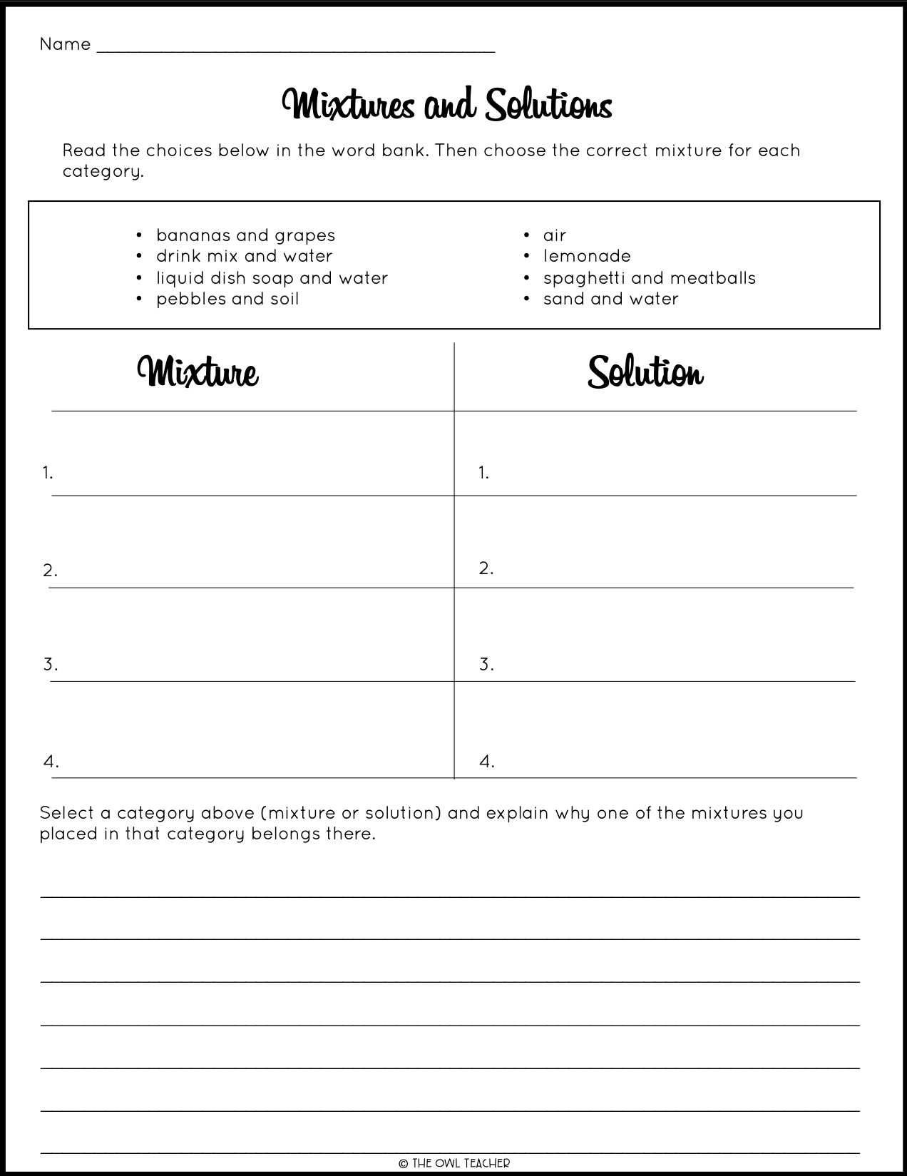 Mixtures And Solutions Craftivity The Owl Teacher