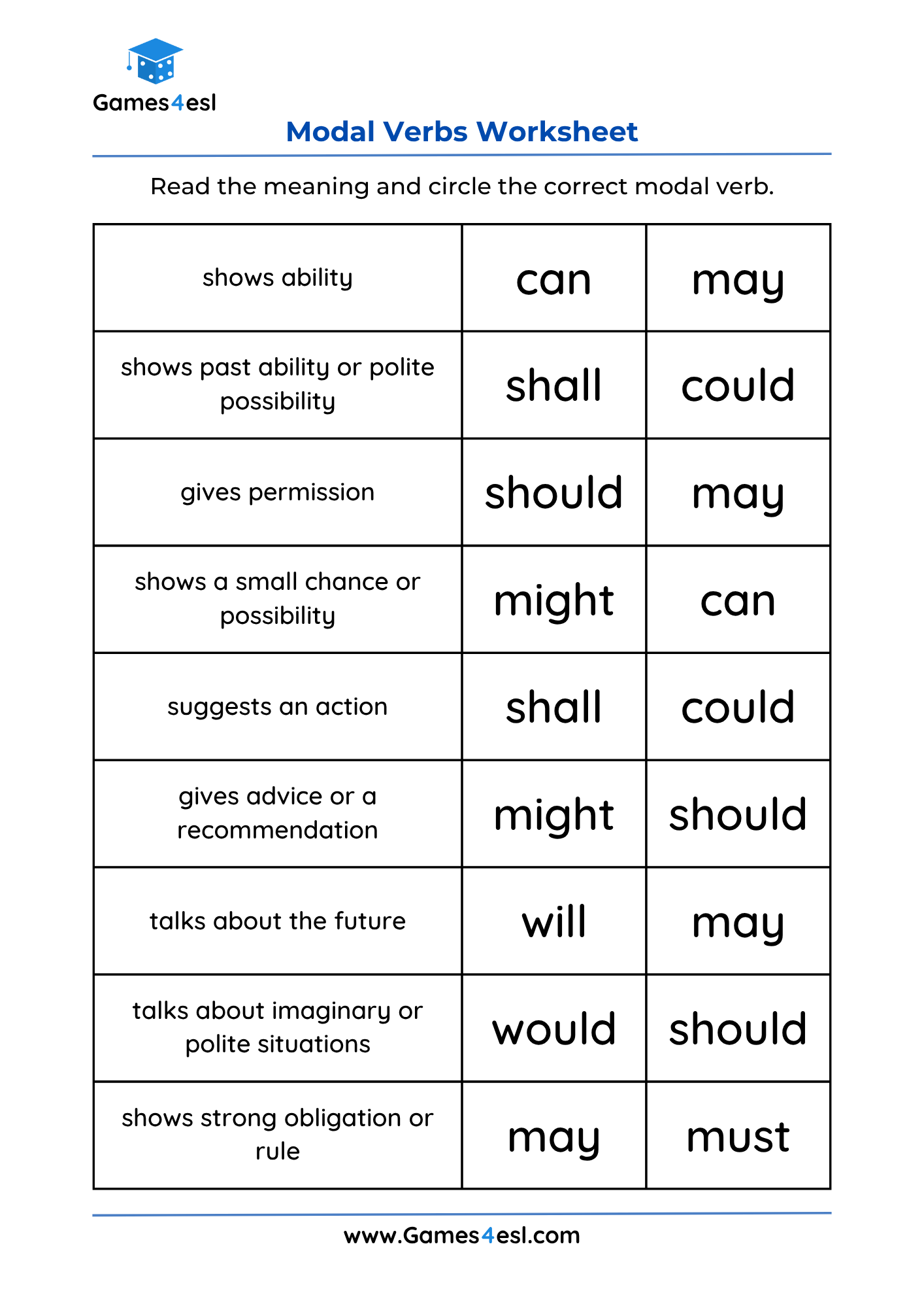 Modal Verbs Worksheets Free Printable PDF Woksheets Games4esl Modal Verbs Worksheets Free Printable PDF Woksheets Games4esl