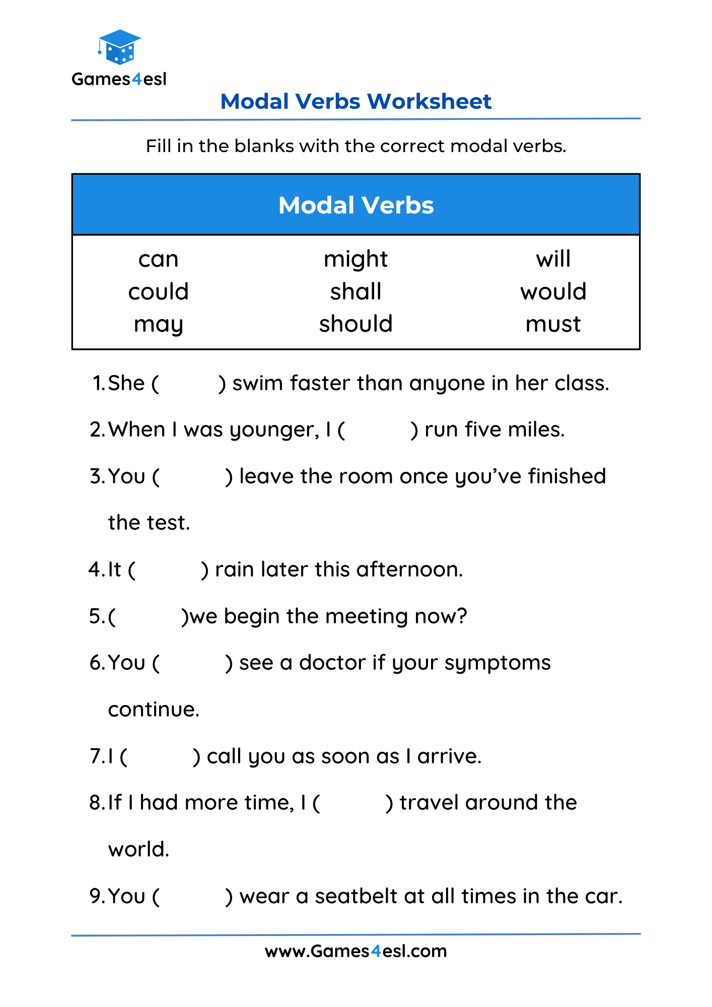 Modal Verbs Worksheets Free Printable PDF Woksheets Games4esl Modal Verbs Worksheets Free Printable PDF Woksheets Games4esl