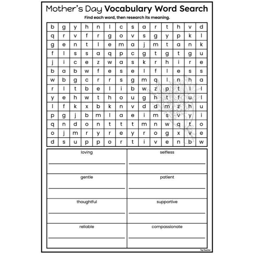 Mother S Day Vocabulary Word Search Worksheets Top Teacher