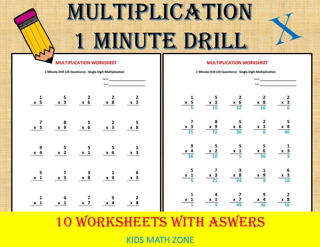 Multiplication 1 Minute Drill 10 Math Worksheets With Answers PDF Etsy Multiplication 1 Minute Drill 10 Math Worksheets With Answers PDF Etsy