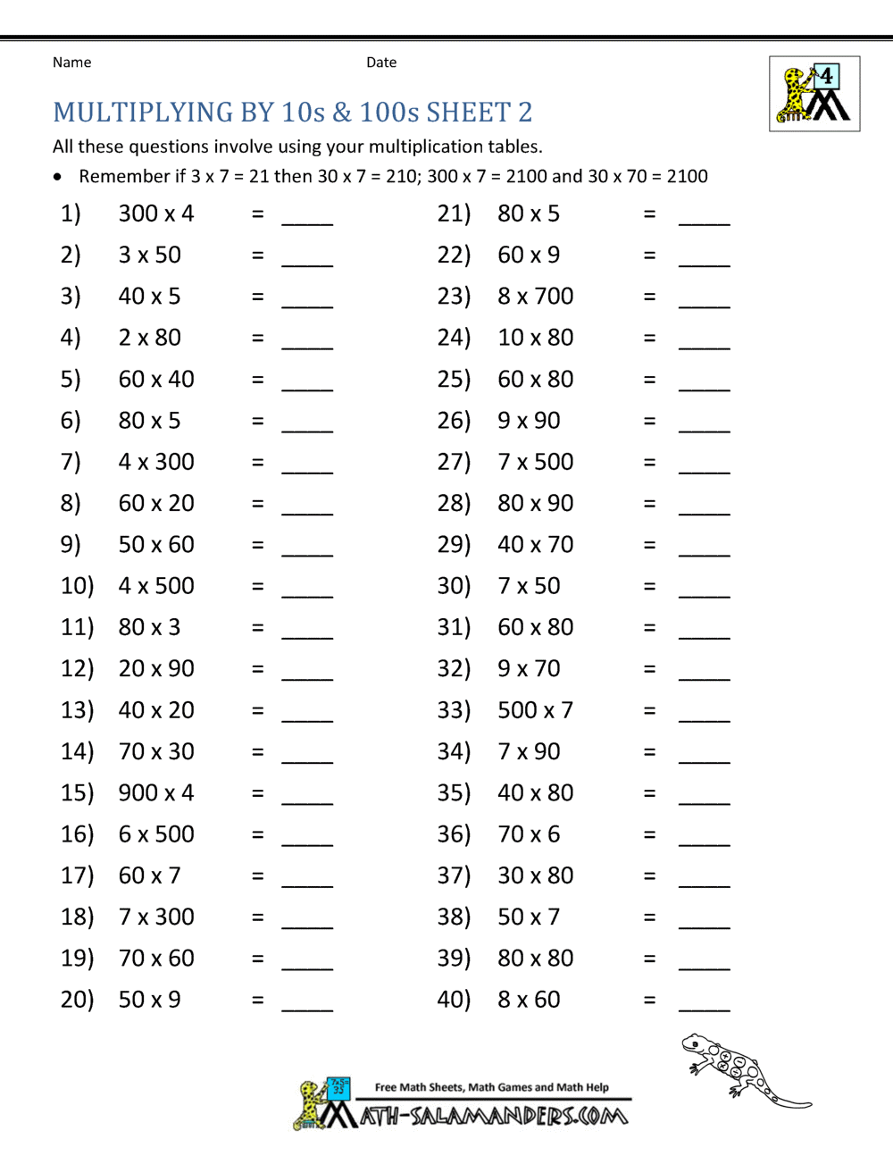 Grade 4 Multiplication Worksheets