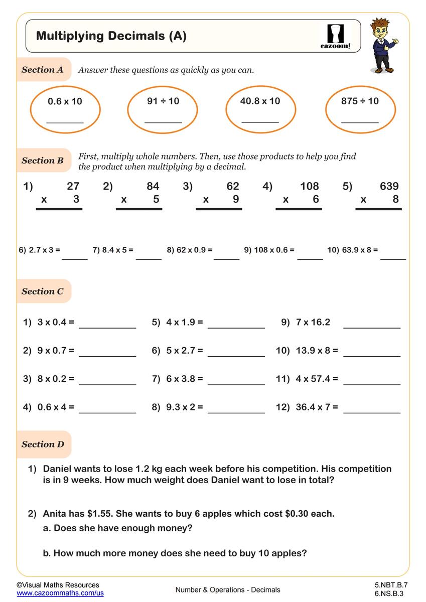Multiplying Decimals Worksheet PDF Printable Number Operations Worksheet Cazoom Math Free Printable Decimals Multiplication Worksheet For Fifth Grade