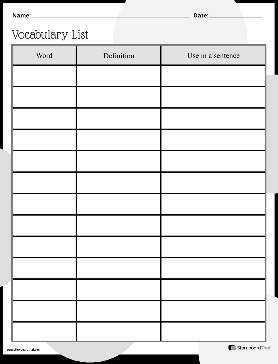New Create Page Vocabulary Template 2 Black White