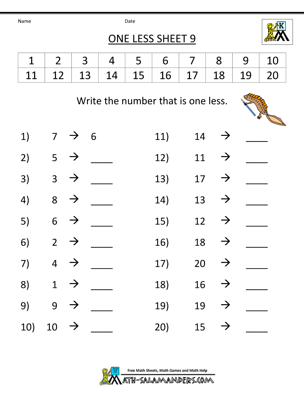 One Less Worksheet One Less Worksheet