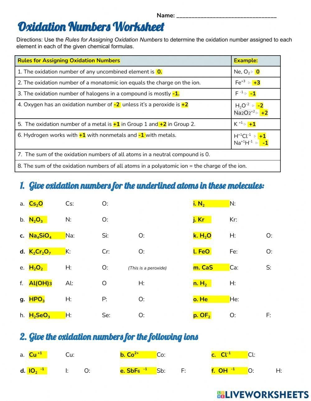 Oxidation Numbers Worksheet Worksheet Worksheets Library