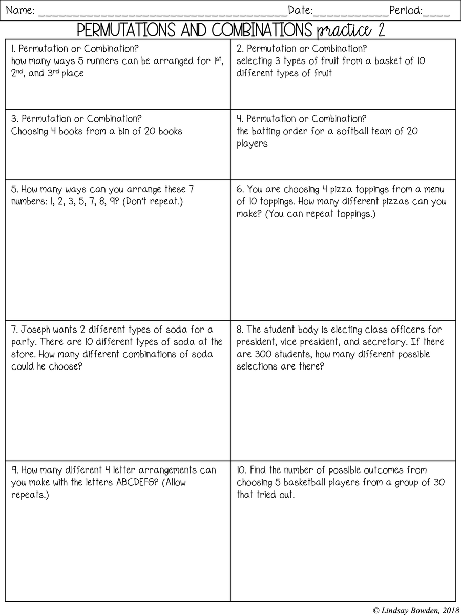 Permutations And Combinations Notes And Worksheets Lindsay Bowden Worksheets Library Permutations And Combinations Worksheet Worksheets Library