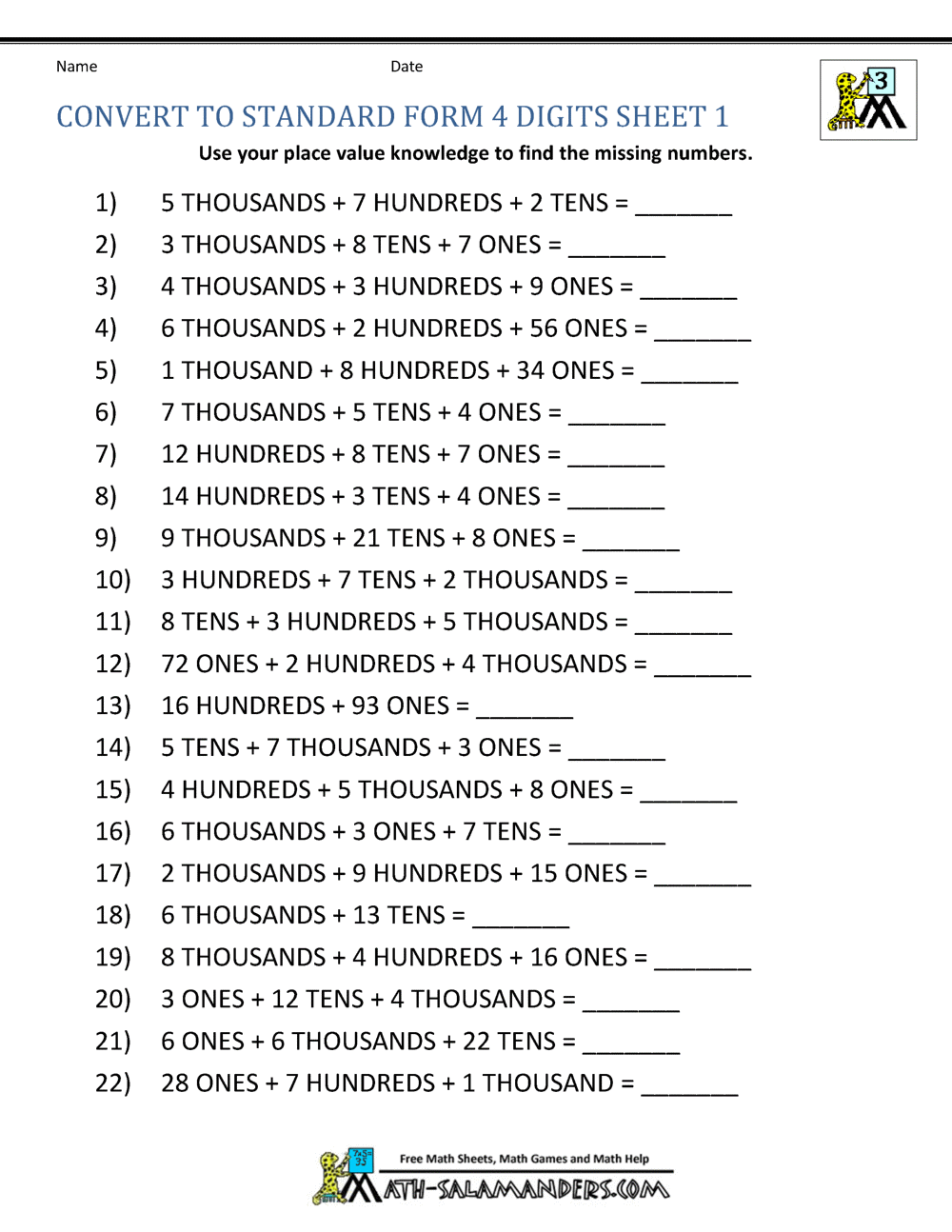 Place Value 4 Digit Numbers