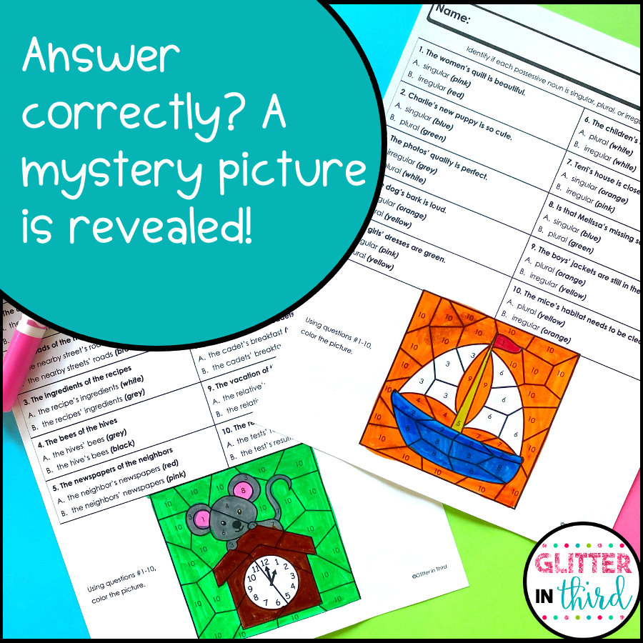 Possessive Nouns Worksheets Color By Number Grammar Glitter In Third