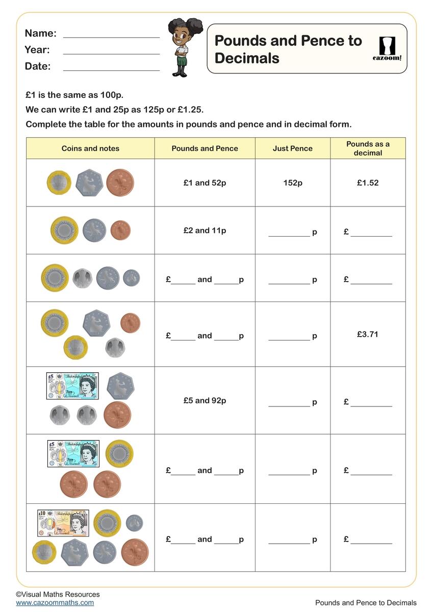 Pounds And Pence To Decimals Worksheet Fun And Engaging Year 3 Year 4 Measurement Worksheet
