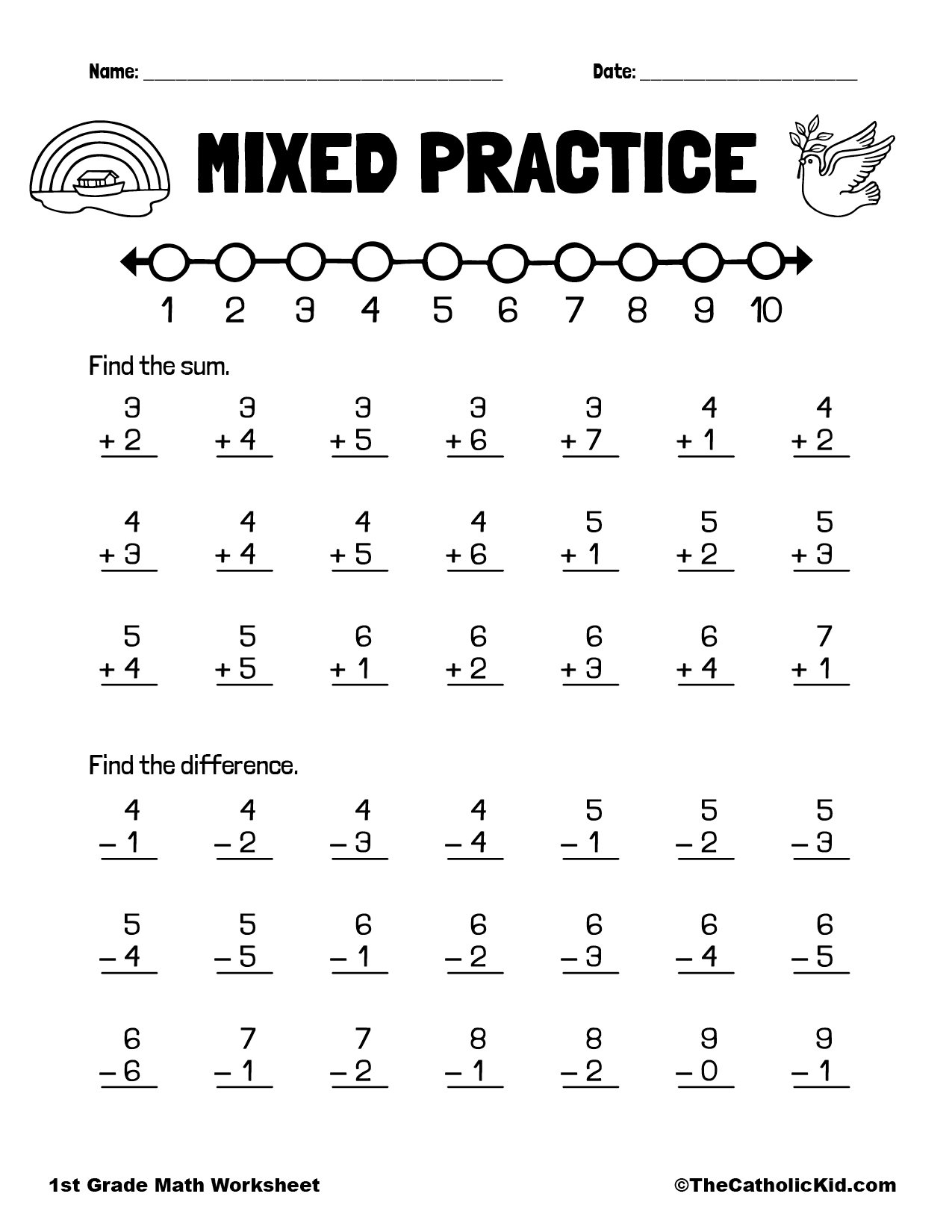 Practice Addition Subtraction 1st Grade Math Worksheet Catholic TheCatholicKid Subtraction Worksheets Free Printable Math Drills Free Printables Lettering SVG Files Tools Apps