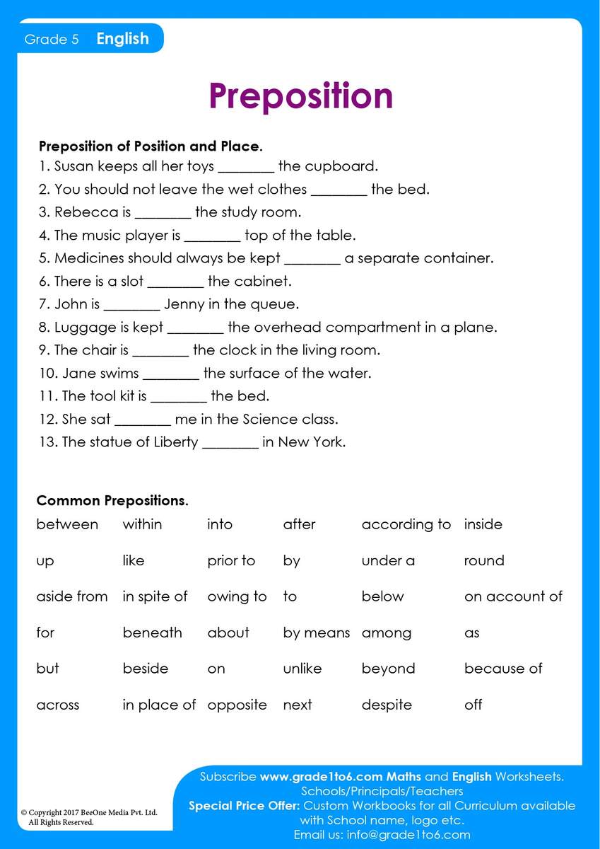 Preposition Worksheet For Class 5 Grade1to6