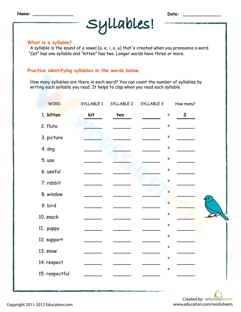 Printable 2nd Grade Syllable Worksheets