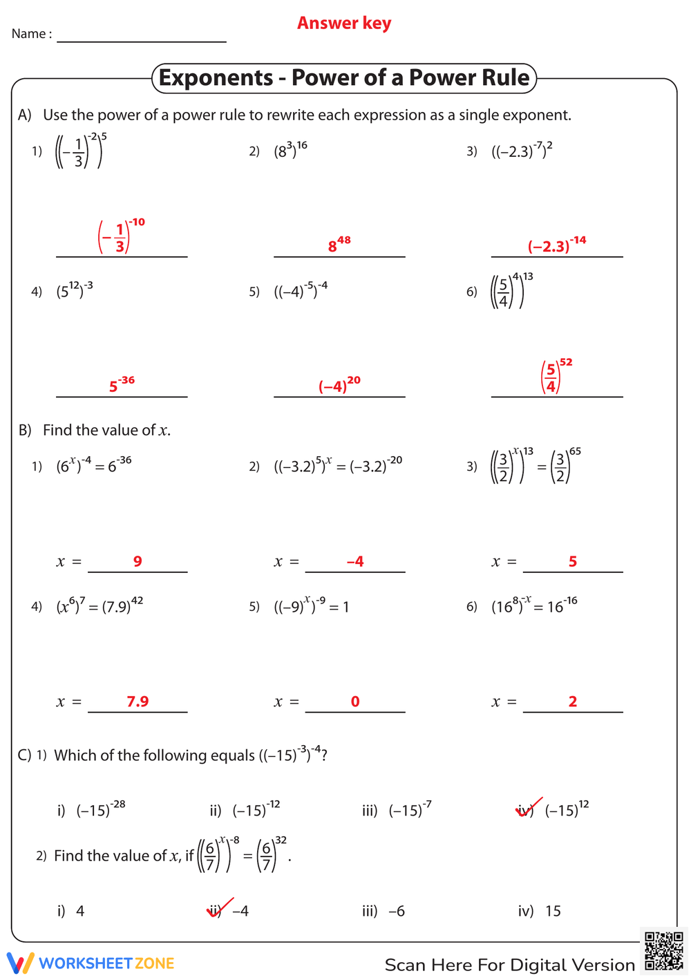 Printable Exponent Rules Review Worksheets
