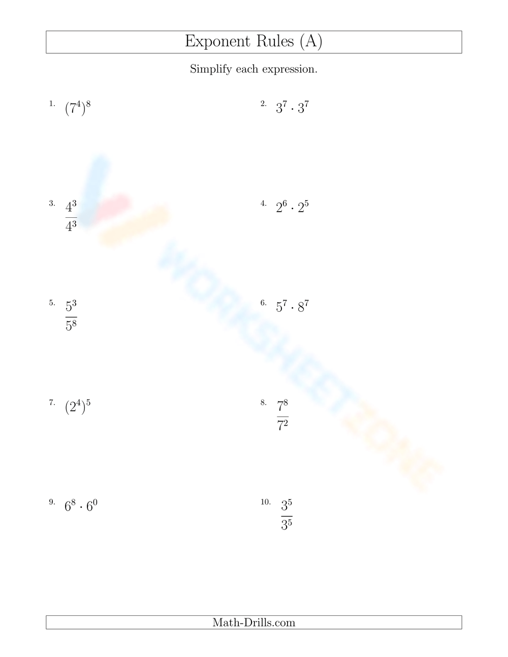 Printable Exponent Rules Review Worksheets