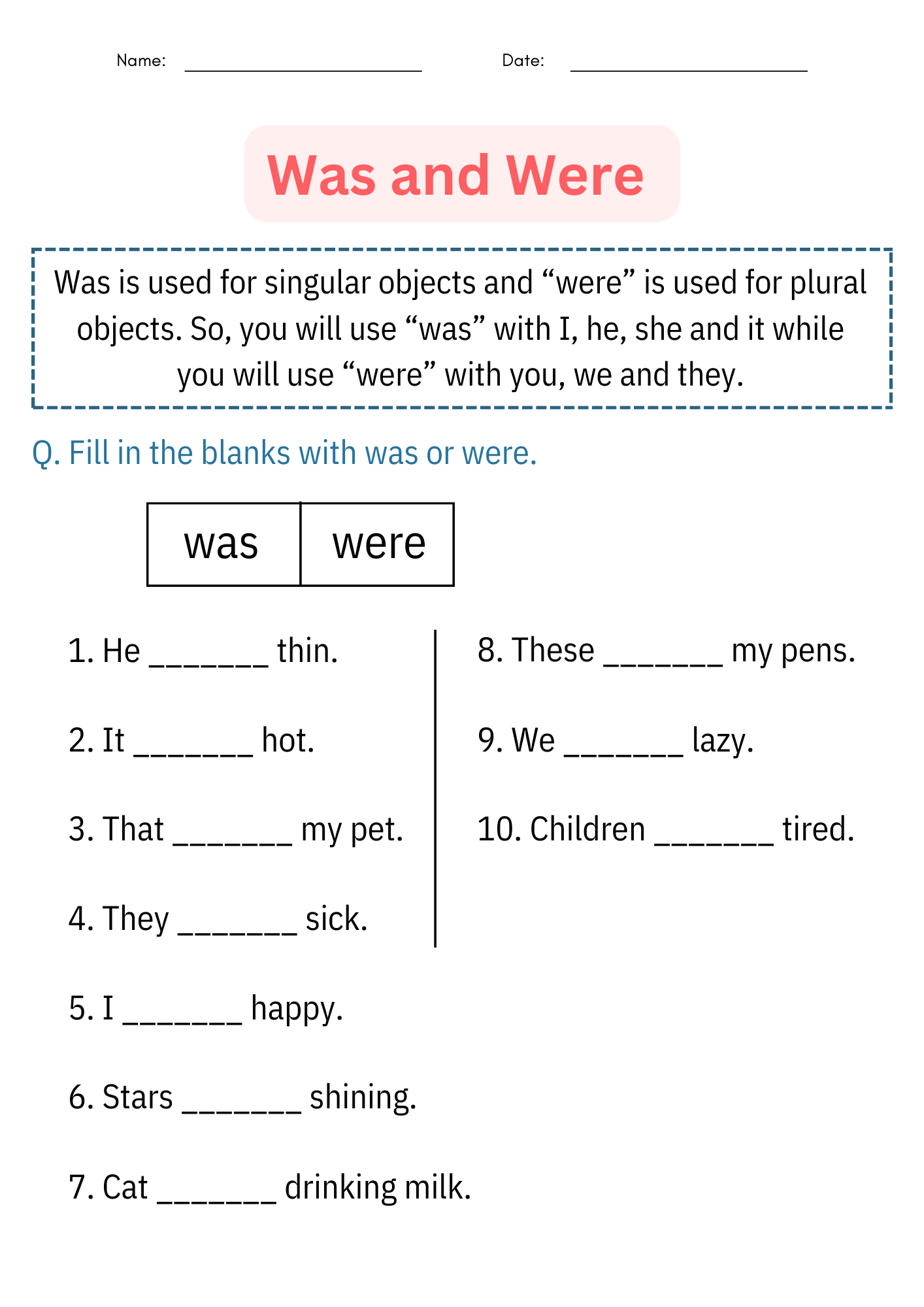 State Of Being Verbs Am Is Are Was Were Grades 1 2 Practice Assessment Made By Teachers
