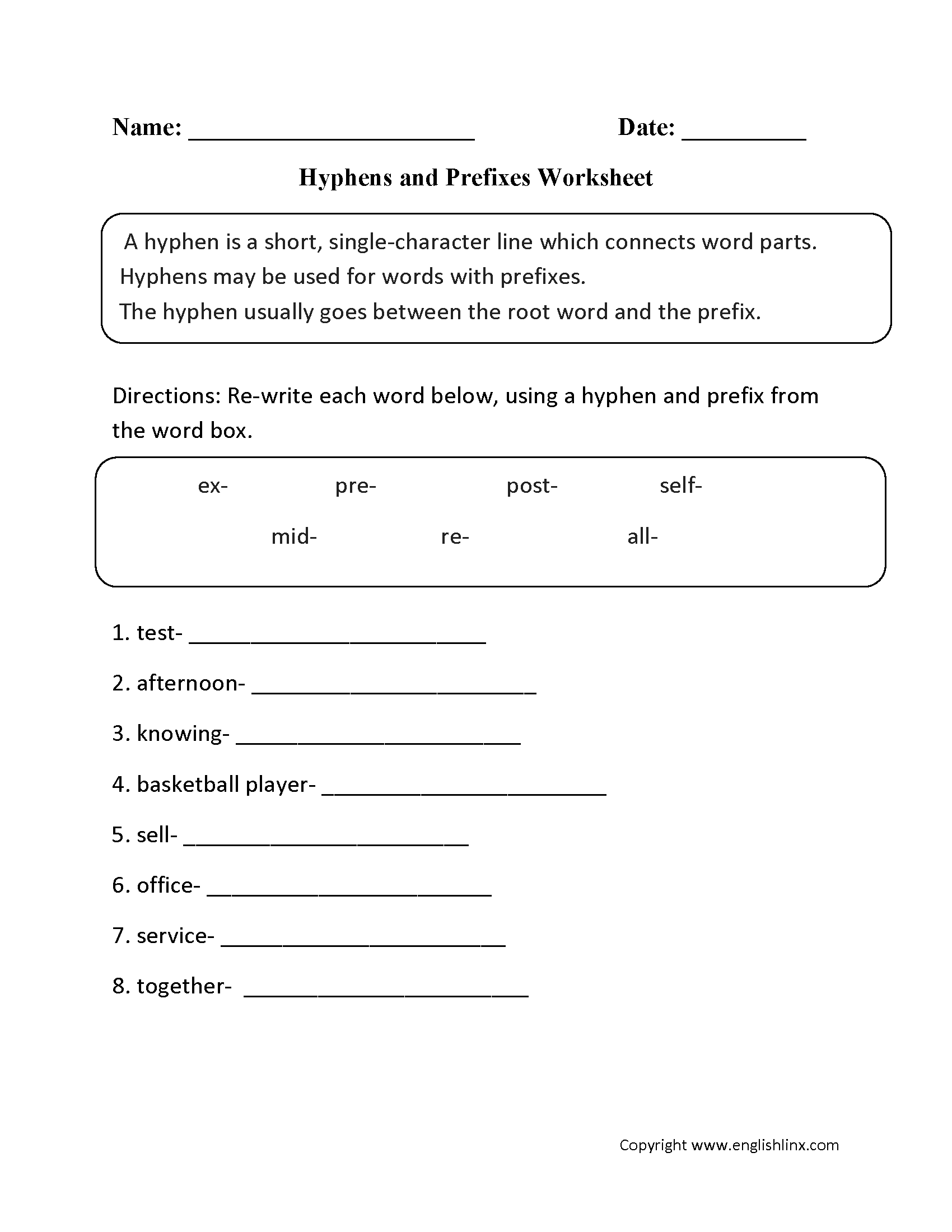 Punctuation Worksheets Hyphen Worksheets Spelling Test Papers For Teachers And Parents Spelling Test Buddy