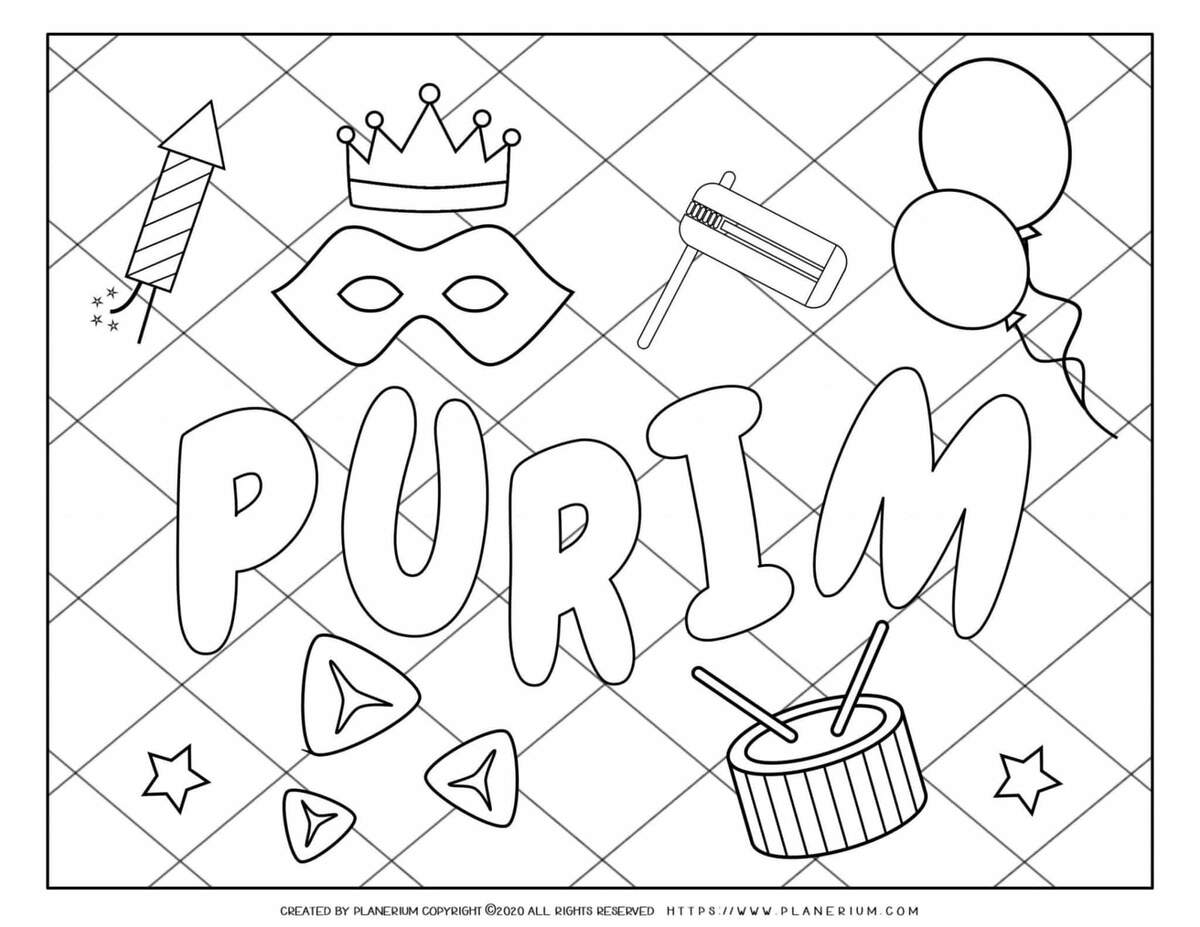 Purim Coloring Page Fun Symbols Easy Grid For Kids Purim Coloring Page Fun Symbols Easy Grid For Kids