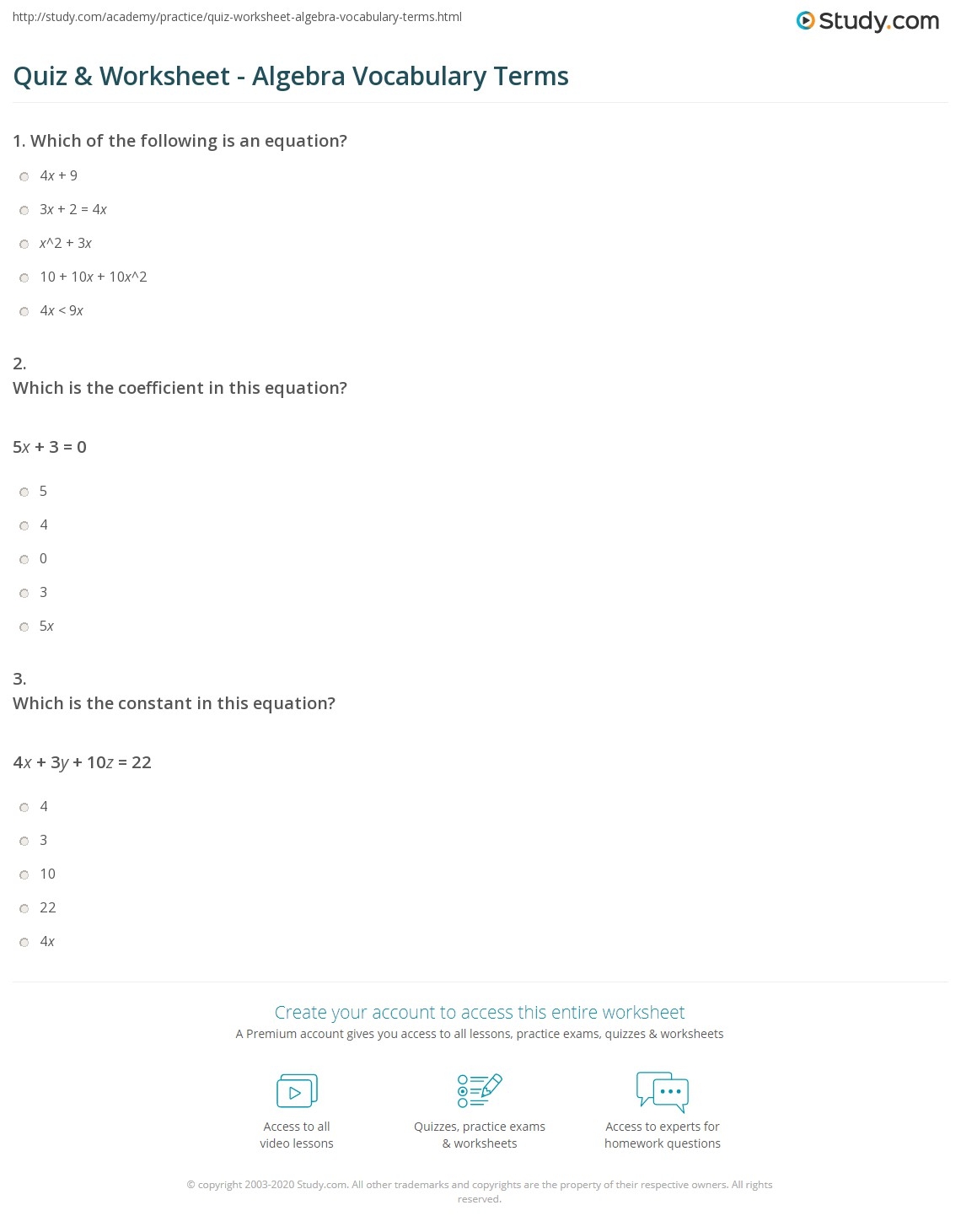 Quiz Worksheet Algebra Vocabulary Terms Study