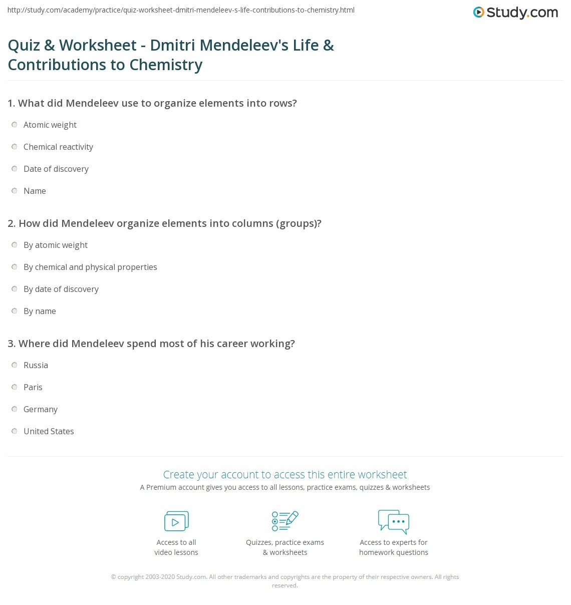 Quiz Worksheet Dmitri Mendeleev S Life Contributions To Chemistry Study Quiz Worksheet Dmitri Mendeleev S Life Contributions To Chemistry Study