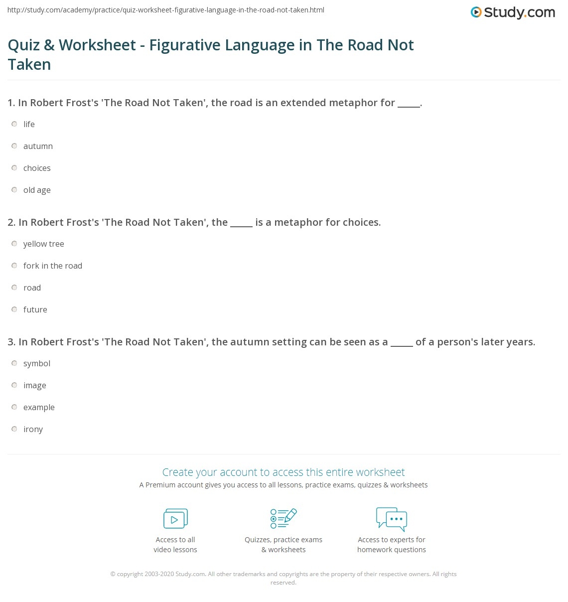Quiz Worksheet Figurative Language In The Road Not Taken Study Quiz Worksheet Figurative Language In The Road Not Taken Study