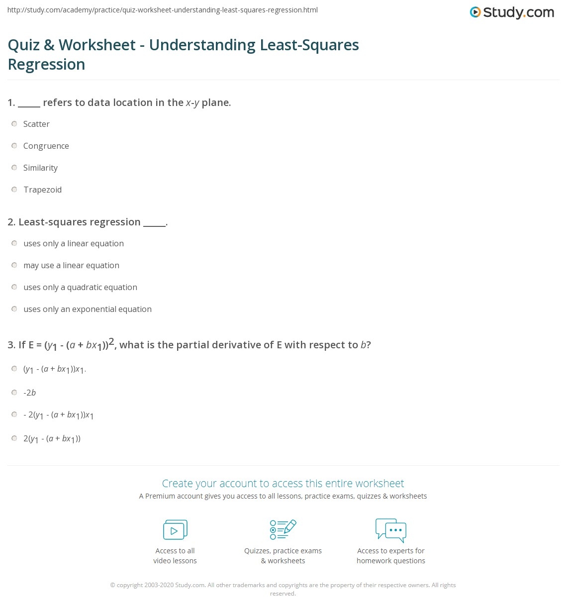 Quiz Worksheet Understanding Least Squares Regression Study Quiz Worksheet Understanding Least Squares Regression Study