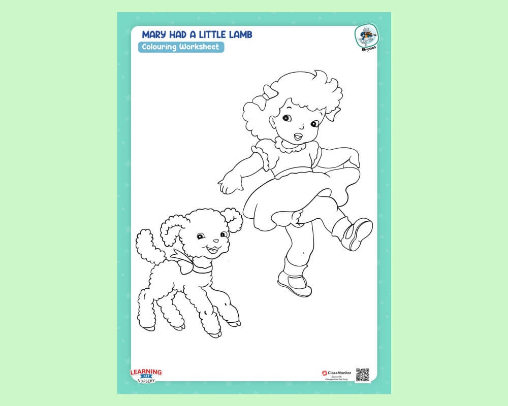 Rhymes Activity Mary Had A Little Lamb Colouring Worksheet ClassMonitor