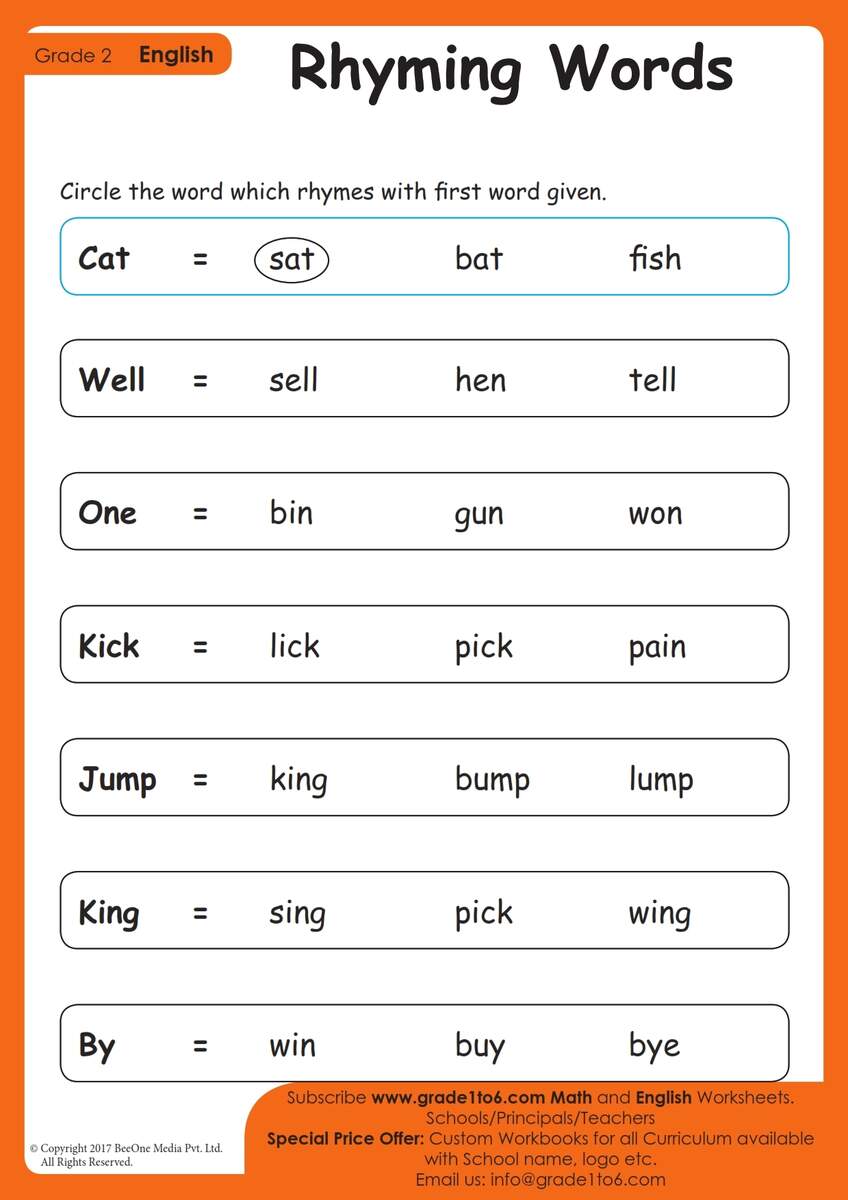 Rhyming Words Worksheets Grade 2 Grade1to6