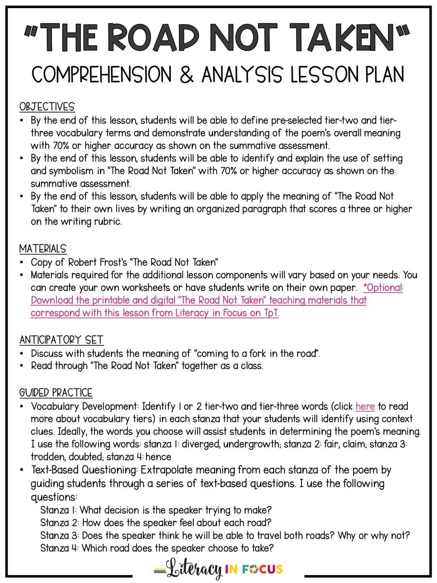 Robert Frost S The Road Not Taken Lesson Plan PDF Literacy In Focus The Road Not Taken Worksheet