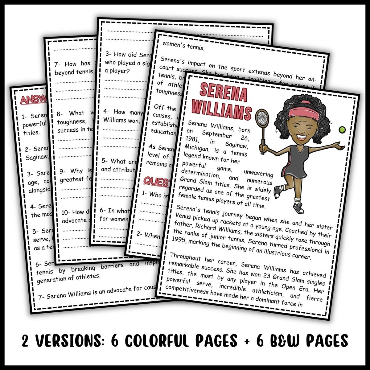 Serena Williams Reading Comprehension Passage Questions Made By Teachers Serena Williams Biography Pack Elementary Lessons Printable Digital Etsy