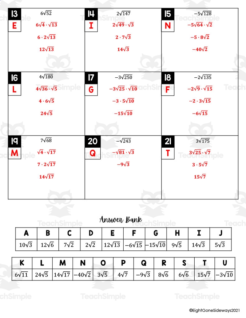 Simplifying Radicals Solve Match Worksheet By Teach Simple Simplifying Radicals Solve Match Worksheet By Teach Simple