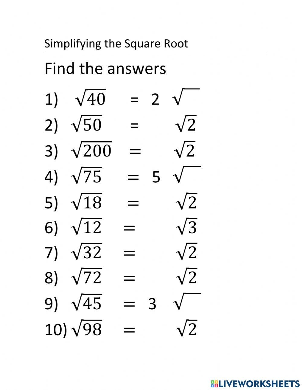 Simplifying The Square Root Worksheet Worksheets Library Simplifying The Square Root Worksheet Worksheets Library