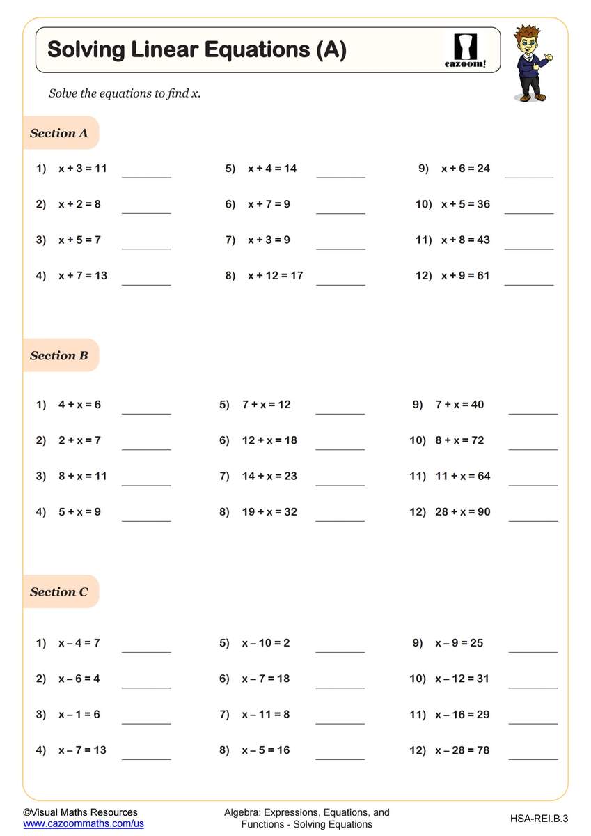 Solving Linear Equations B Worksheet PDF Printable Algebra Worksheet Cazoom Math Algebra 1 Worksheets Easy Hard Science
