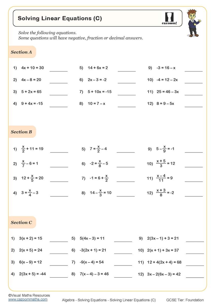 Solving Linear Equations C Worksheet Printable Maths Worksheets Solving Linear Equations C Worksheet Printable Maths Worksheets
