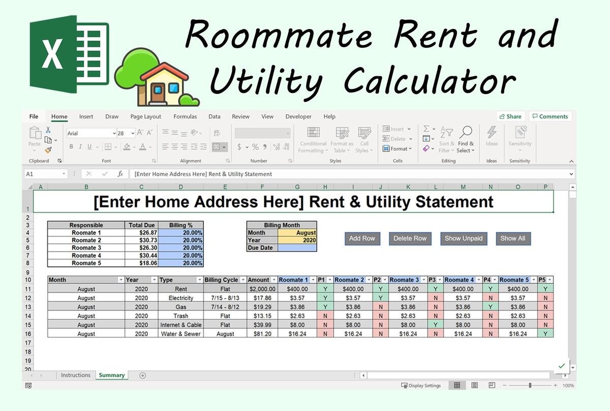 Split Rent Utility Roommate Expenses Calculator Template Excel Spreadsheet 5 Roommate Template Etsy