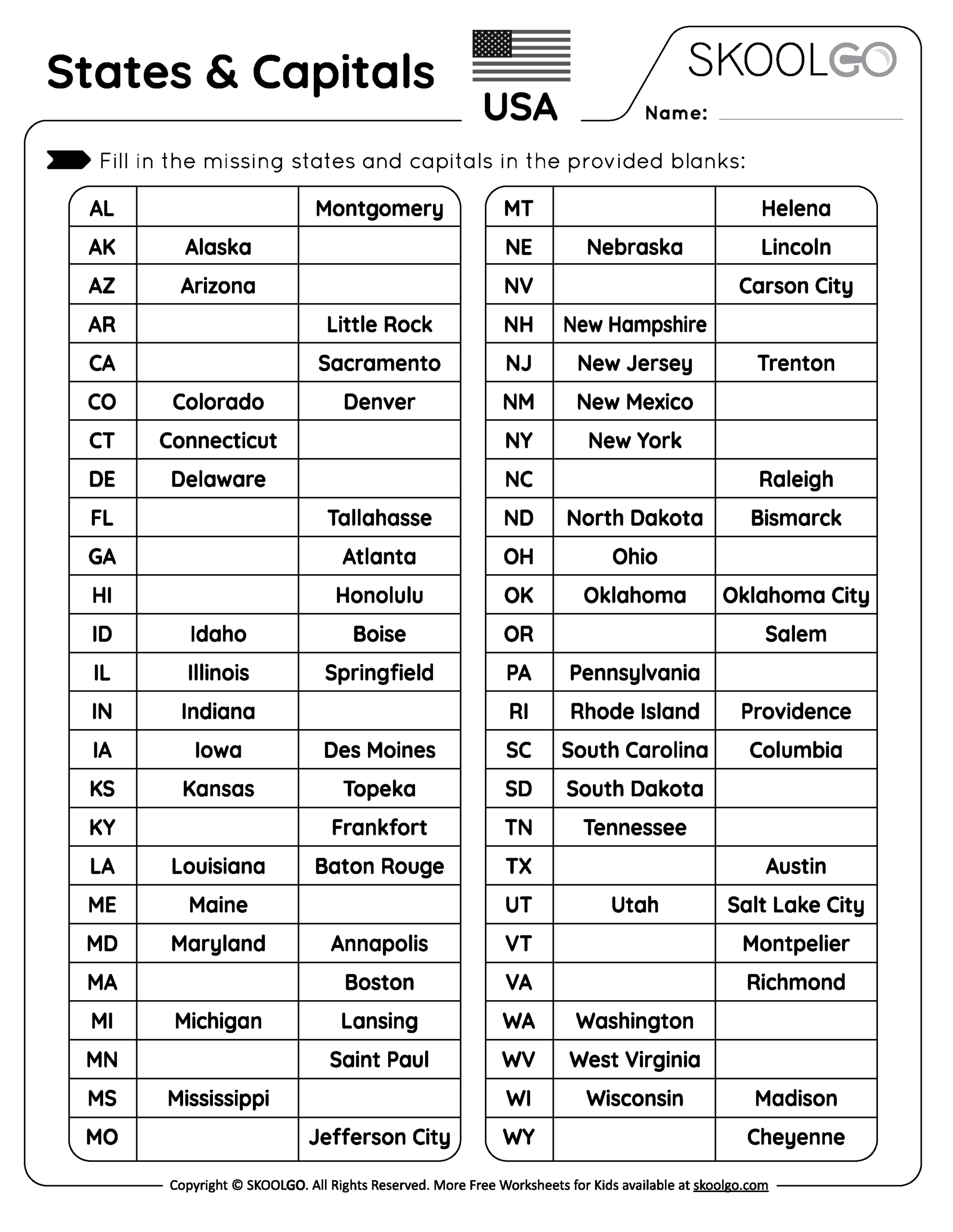 States And Capitals Free Worksheet For Kids SKOOLGO 50 States Capitals Worksheets Free Printables Superstar Worksheets