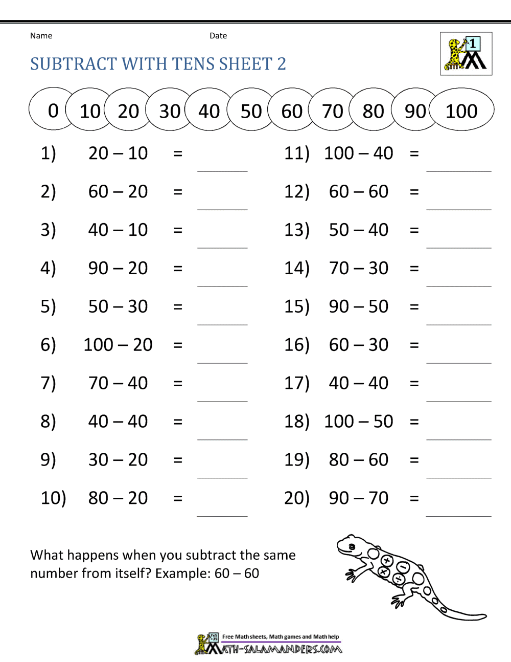 Subtracting Tens Subtracting Tens