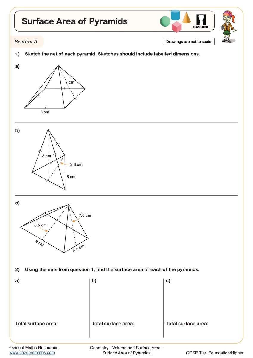 Surface Area Of Pyramids Worksheet Printable PDF For Year 10 And Year 11 Geometry Worksheet