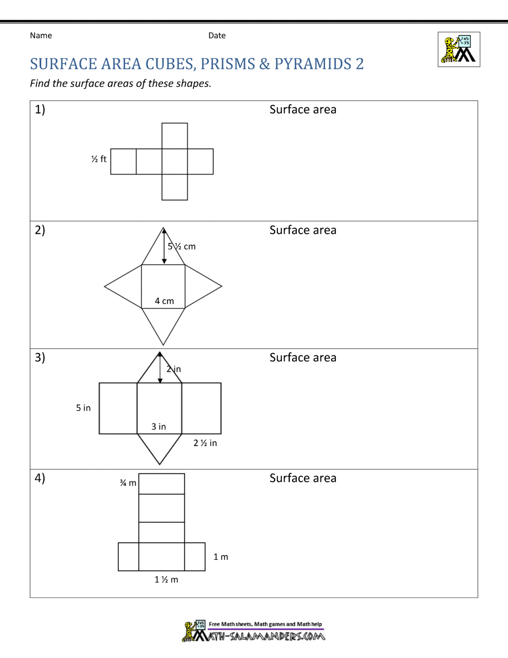 Surface Area Of Pyramids Worksheet Printable PDF For Year 10 And Year 11 Geometry Worksheet