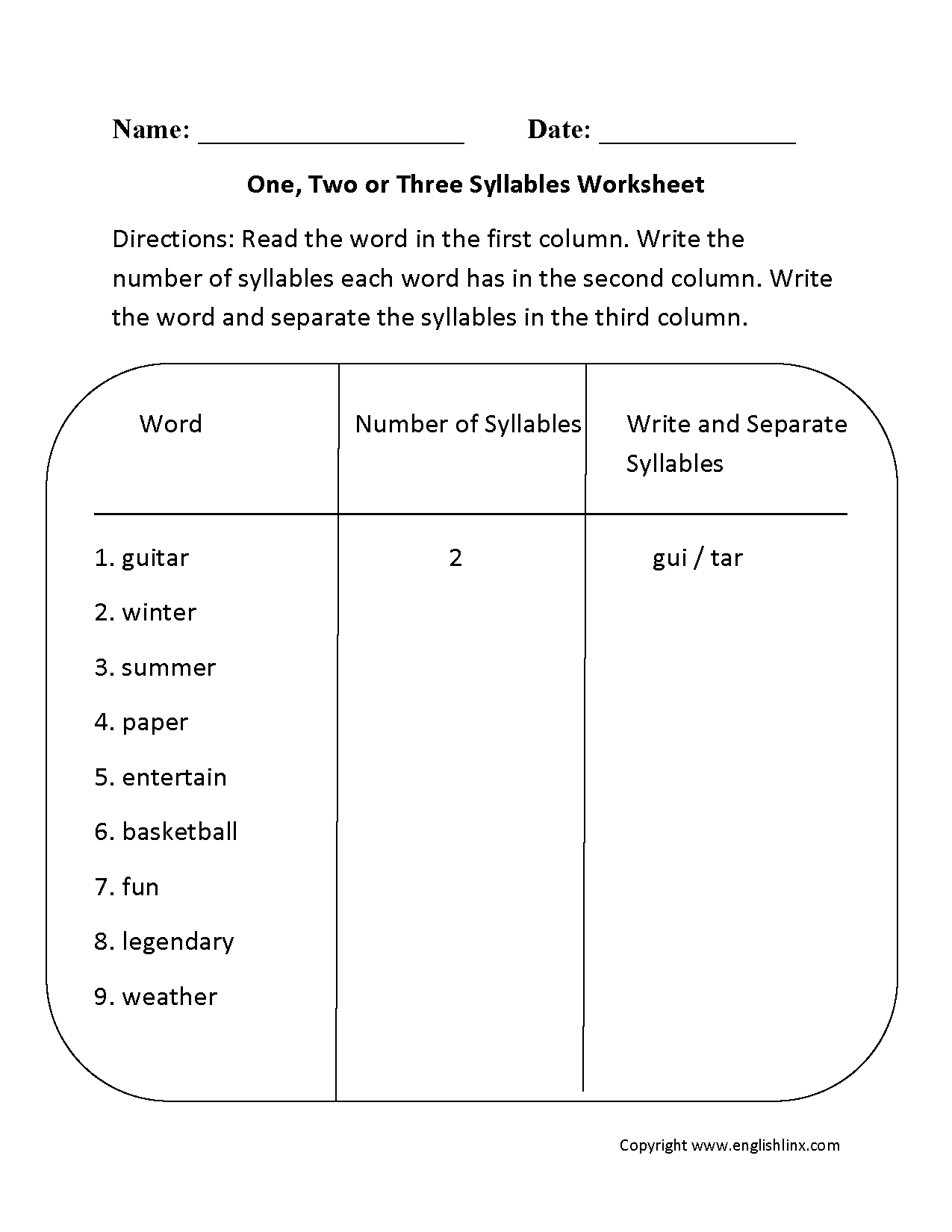 Syllables Worksheets One Two Or Three Syllables Worksheet Syllables Worksheets Breaking Words Into Syllables Worksheet