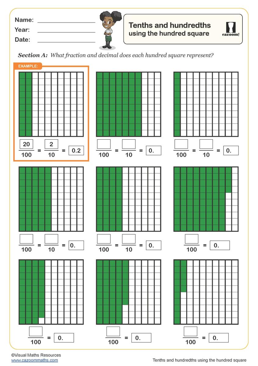 Tenths And Hundredths Using The Hundred Square Worksheet PDF Printable Number Worksheets Tenths And Hundredths Using The Hundred Square Worksheet PDF Printable Number Worksheets