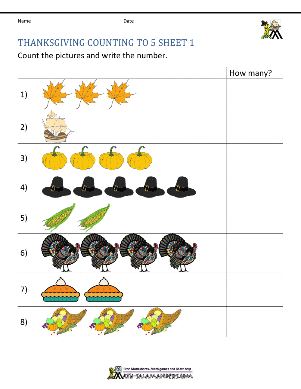 Thanksgiving Counting Worksheets Thanksgiving Counting Worksheets